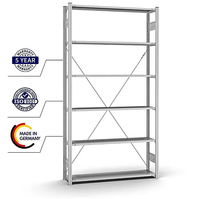 Proregal Metallregal MAGNUS Stecksystem - H x B x T: 250 x 130 x 30 cm, Traglast pro Boden: 90 kg, Anzahl Böden: 6 Stk., Stecken, Verzinkt