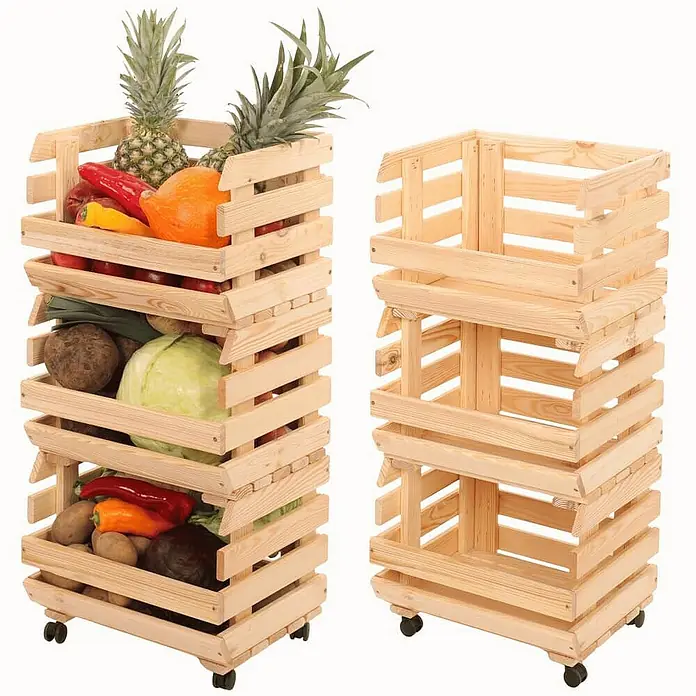 Proregal Holzregal Gemüseregal VeggieRoll mit Rollen - Anzahl Böden: 3 Stk., Schrauben, Natur