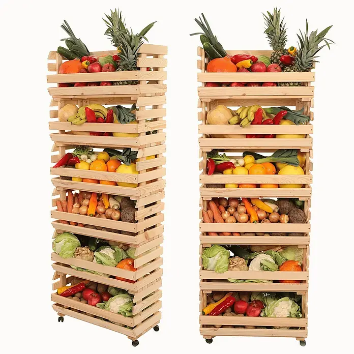 Proregal Holzregal Gemüseregal VeggieRoll mit Rollen - Anzahl Böden: 6 Stk., Schrauben, Natur