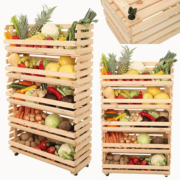 Proregal Holzregal Gemüseregal VeggieRoll mit Rollen - Anzahl Böden: 5 Stk., Schrauben, Natur