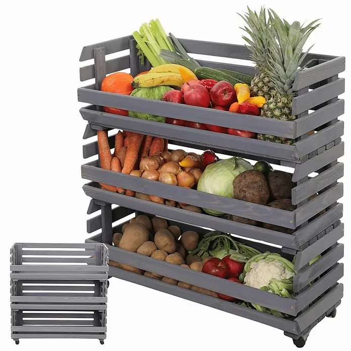 Proregal Holzregal Gemüseregal VeggieRoll mit Rollen - Anzahl Böden: 3 Stk., Schrauben, Grau