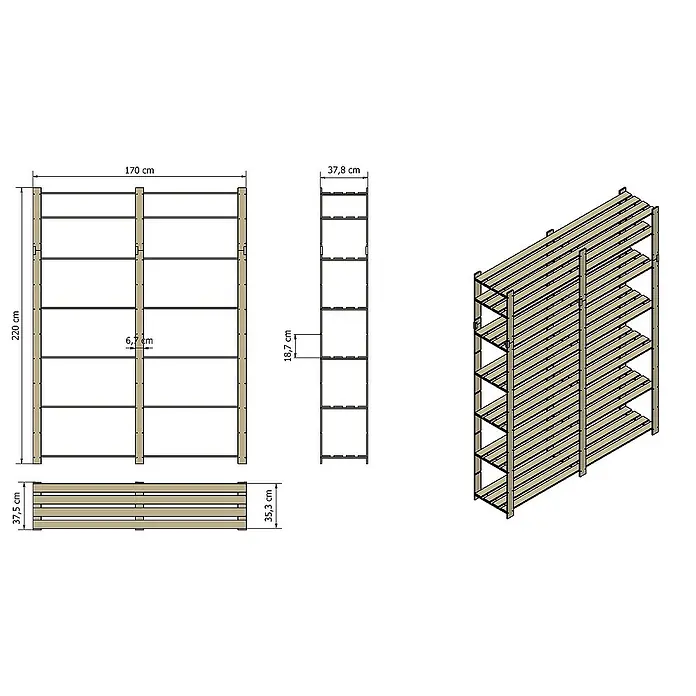 Proregal Holzregal PINEPEAK - H x B x T: 220 x 170 x 38 cm, Anzahl Böden: 7 Stk., Schrauben, Braun