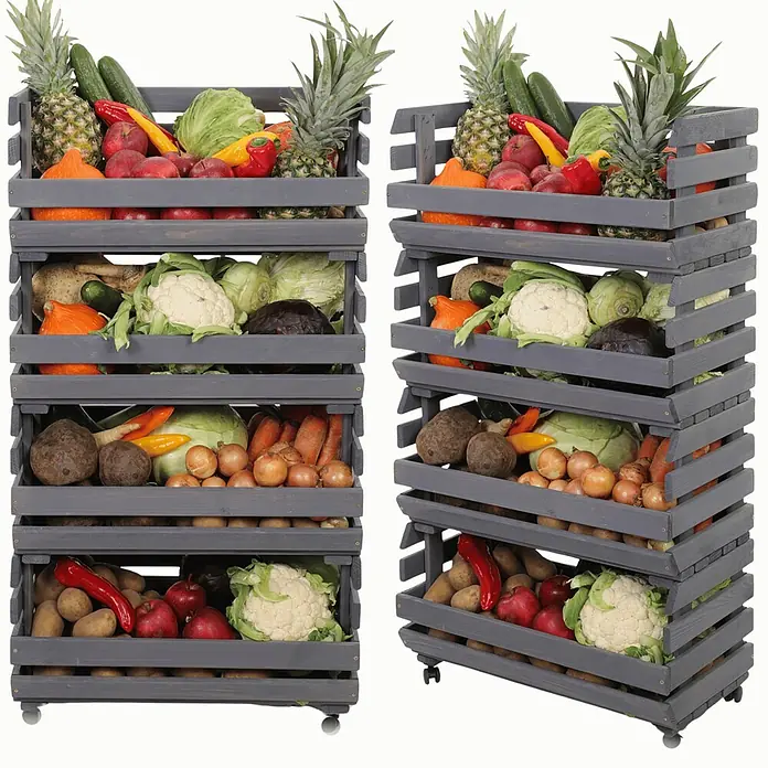 Proregal Holzregal Gemüseregal VeggieRoll mit Rollen - Anzahl Böden: 4 Stk., Schrauben, Grau