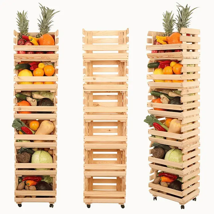 Proregal Holzregal Gemüseregal VeggieRoll mit Rollen - Anzahl Böden: 6 Stk., Schrauben, Natur