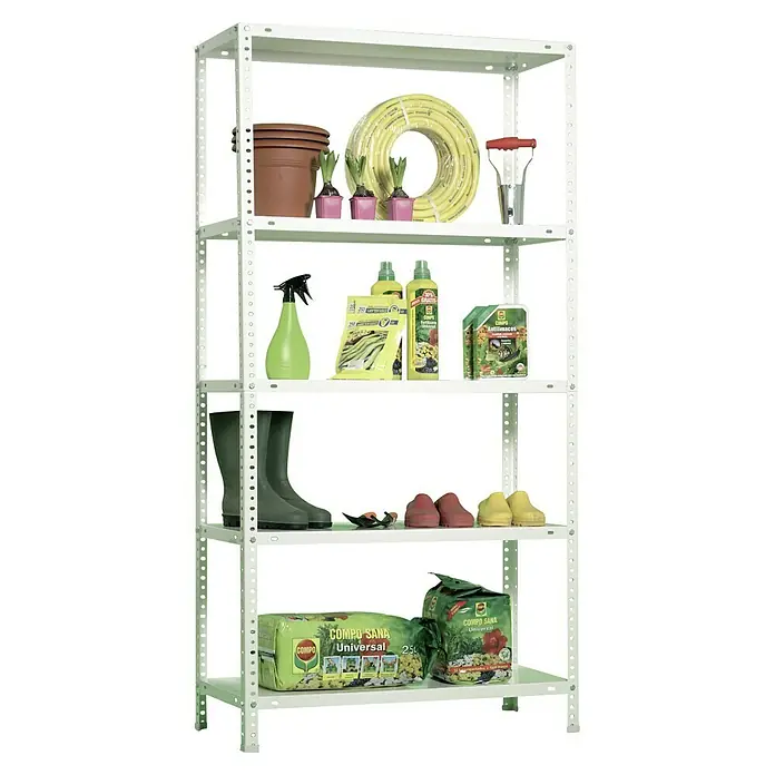 Simonrack Simonclassic Metallregal Comfort Plus - H x B x T: 200 x 100 x 40 cm, Traglast pro Boden: 100 kg, Anzahl Böden: 5 Stk., Schrauben, Weiß - Regal mit Gartengeräten wie Gummistiefeln, Blumentöpfen und Gartenschläuchen.