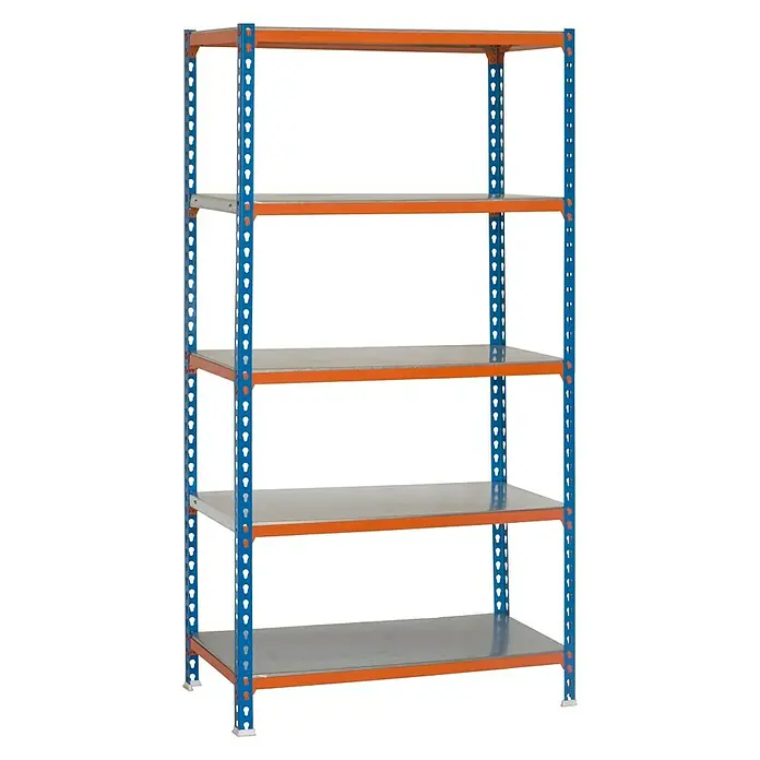 Simonrack Simonclick Metallregal Simonclick Plus - H x B x T: 200 x 100 x 50 cm, Traglast pro Boden: 180 kg, Anzahl Böden: 5 Stk., Stecken, Blau/Orange/Silber - Abbildung eines blauen und orangefarbenen Schwerlastregals mit fünf Regalböden.
