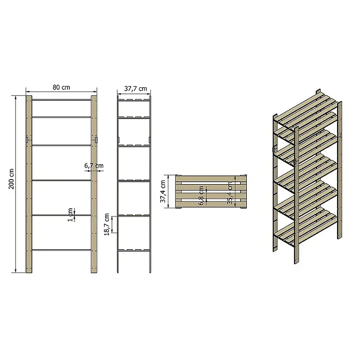 Proregal Holzregal PINEPEAK - H x B x T: 200 x 80 x 38 cm, Anzahl Böden: 6 Stk., Schrauben, Braun