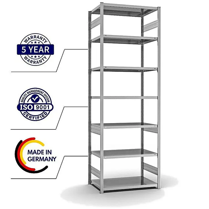 Proregal Metallregal MAGNUS Stecksystem - H x B x T: 300 x 100 x 60 cm, Traglast pro Boden: 140 kg, Anzahl Böden: 7 Stk., Stecken, Verzinkt