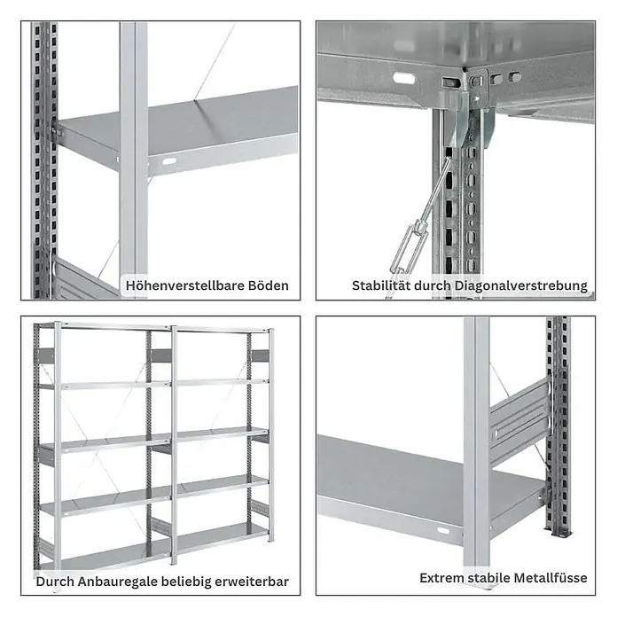 Proregal Metallregal SILVER MAMBA - H x B x T: 200 x 200 x 60 cm, Traglast pro Boden: 150 kg, Anzahl Böden: 5 Stk., Stecken, Verzinkt