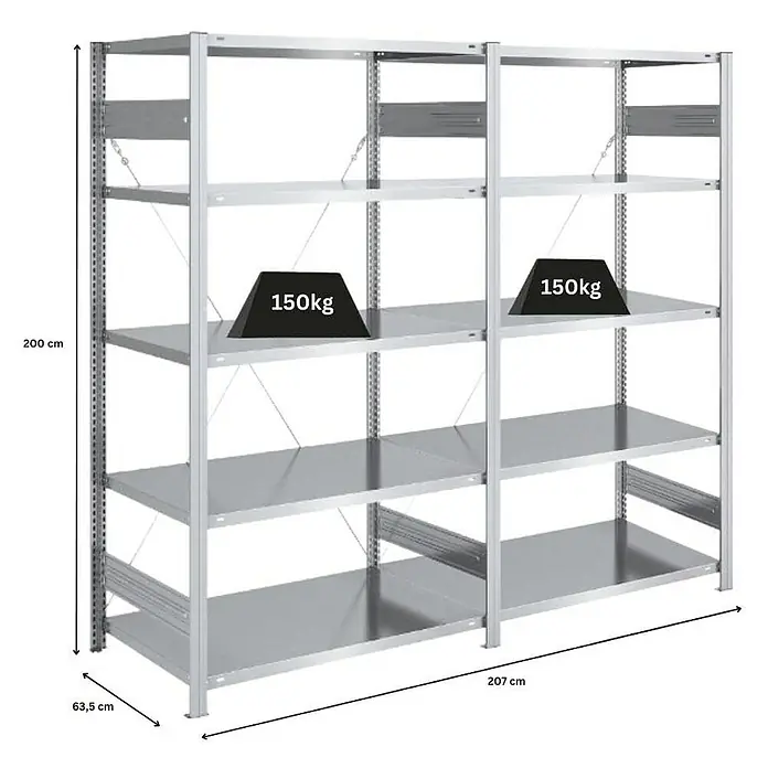 Proregal Metallregal SILVER MAMBA - H x B x T: 200 x 200 x 60 cm, Traglast pro Boden: 150 kg, Anzahl Böden: 5 Stk., Stecken, Verzinkt