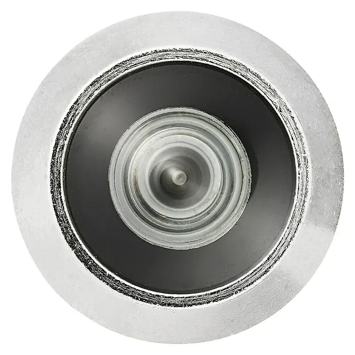 Abus Türspion - Weiß, Messing, Stärke Tür: 36 mm - 105 mm - Nahaufnahme eines silbernen Türspions mit einem klaren, konischen Objektiv und einer glatten, schwarzen Umrandung auf schwarzem Hintergrund.