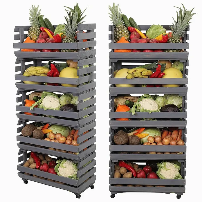 Proregal Holzregal Gemüseregal VeggieRoll mit Rollen - Anzahl Böden: 5 Stk., Schrauben, Grau