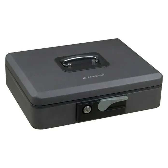 Arregui Pop Up Caja de caudales C-97 - L x An x Al: 25 x 18 x 9 cm, Gris grafito - Caja de caudales gris oscuro con cerradura y asa para guardar dinero en efectivo y objetos de valor de forma segura.
