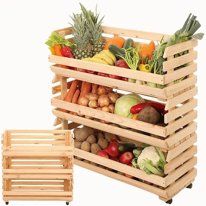 Proregal Holzregal Gemüseregal VeggieRoll mit Rollen - Anzahl Böden: 3 Stk., Schrauben, Natur