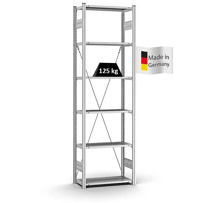 Proregal Metallregal MAGNUS Stecksystem - H x B x T: 250 x 75 x 30 cm, Traglast pro Boden: 125 kg, Anzahl Böden: 6 Stk., Stecken, Verzinkt