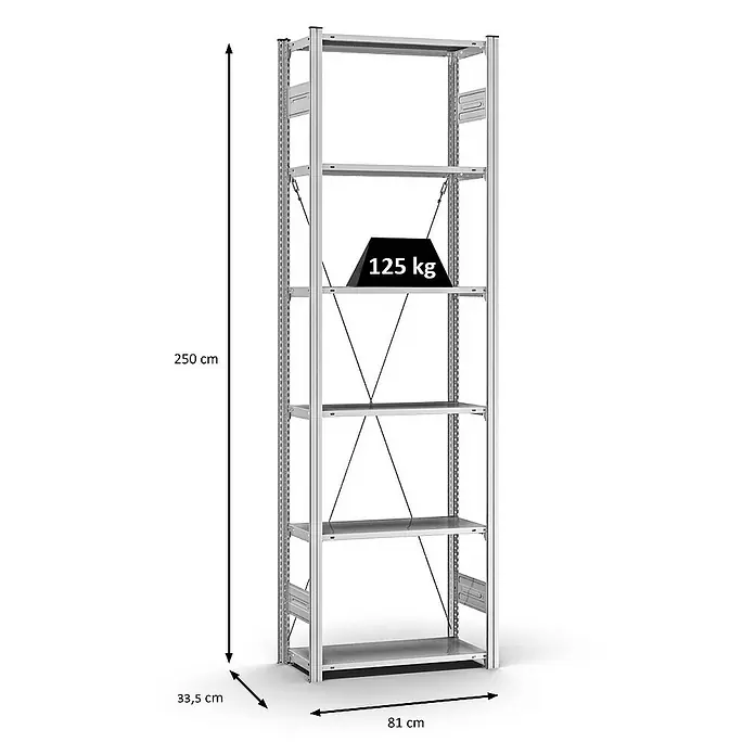 Proregal Metallregal MAGNUS Stecksystem - H x B x T: 250 x 75 x 30 cm, Traglast pro Boden: 125 kg, Anzahl Böden: 6 Stk., Stecken, Verzinkt