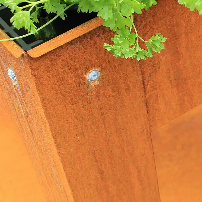 Palatino Exclusive Line Hochbeet - 100 x 40 x 80 cm, Stahl, Rostbraun - Rostfarbener Pflanzkasten aus Metall mit grünen Pflanzen, befestigt mit silberfarbenen Bolzen. Ideal für Kräuter und dekorative Pflanzen.