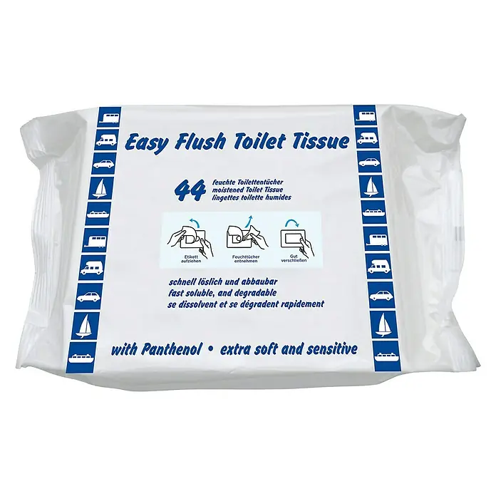 Yachticon Toilettenpapier Easy Flush - 44 Stk. - Bild einer Packung Easy Flush Toilettentücher mit 44 feuchten Tüchern, die extra weich und sanft zur Haut sind.