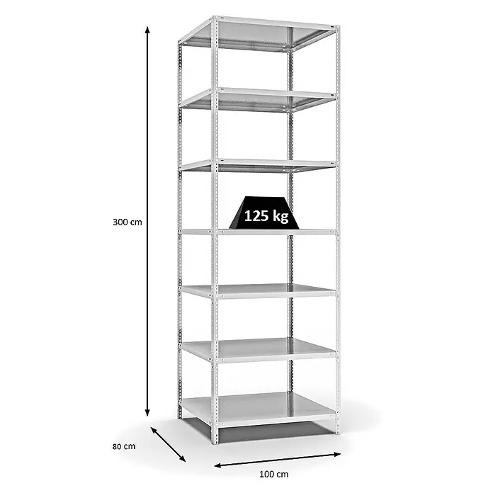 Proregal Metallregal MAGNUS Schraubsystem - H x B x T: 300 x 100 x 80 cm, Traglast pro Boden: 125 kg, Anzahl Böden: 7 Stk., Schrauben, Lichtgrau