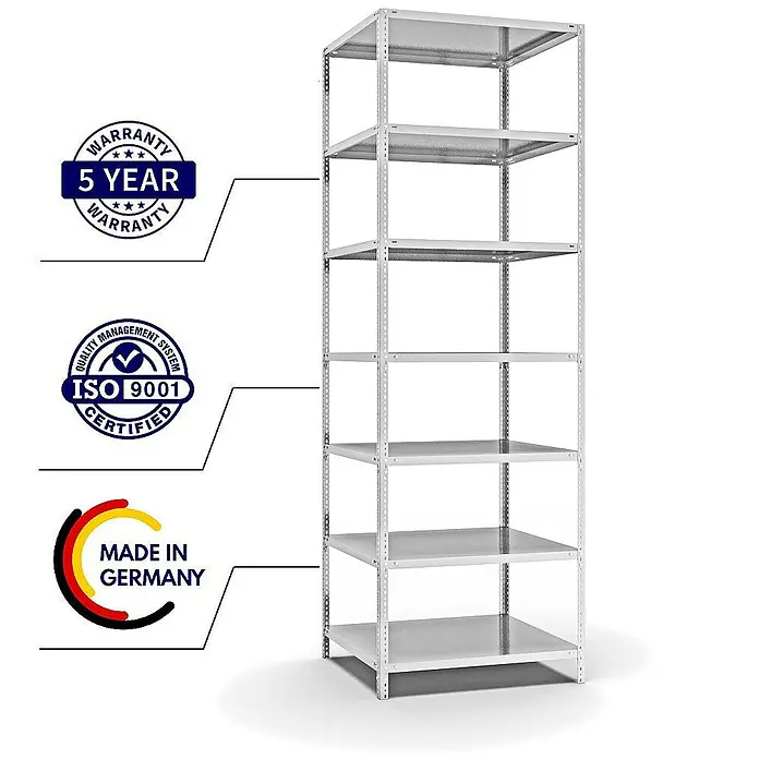 Proregal Metallregal MAGNUS Schraubsystem - H x B x T: 300 x 100 x 80 cm, Traglast pro Boden: 125 kg, Anzahl Böden: 7 Stk., Schrauben, Lichtgrau