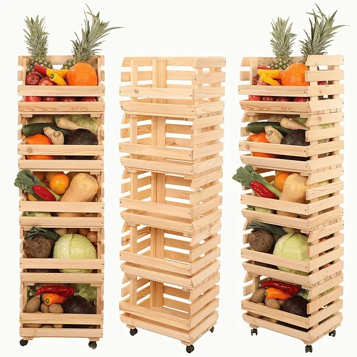 Proregal Holzregal Gemüseregal VeggieRoll mit Rollen - Anzahl Böden: 5 Stk., Schrauben, Natur