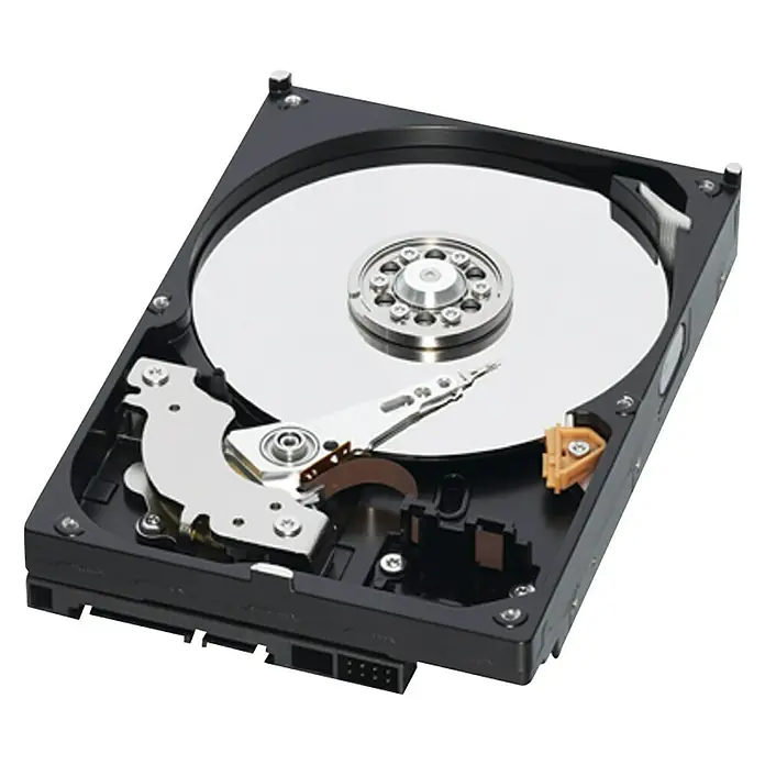 Velleman Festplatte - Speicherkapazität: 2.000 GB, Anschlussart: SATA - Innenansicht einer Festplatte mit sichtbarer Magnetscheibe, Schreib-/Lesekopf und Aktuatorarm. Computerhardware-Komponente.