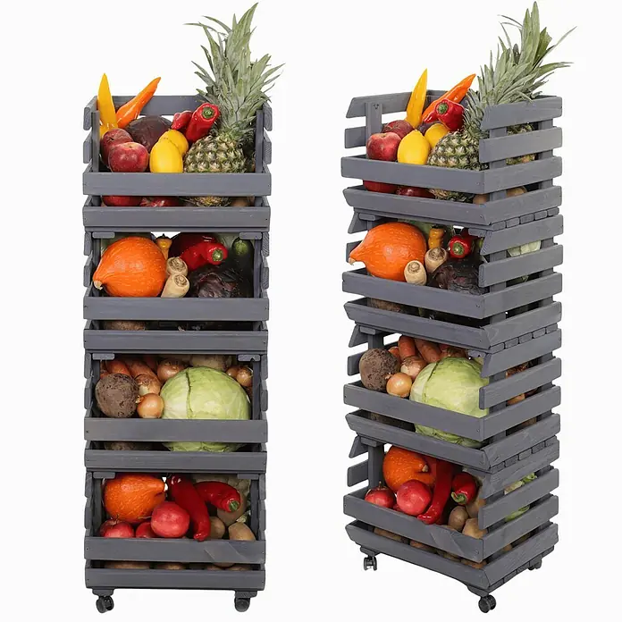 Proregal Holzregal Gemüseregal VeggieRoll mit Rollen - Anzahl Böden: 4 Stk., Schrauben, Grau