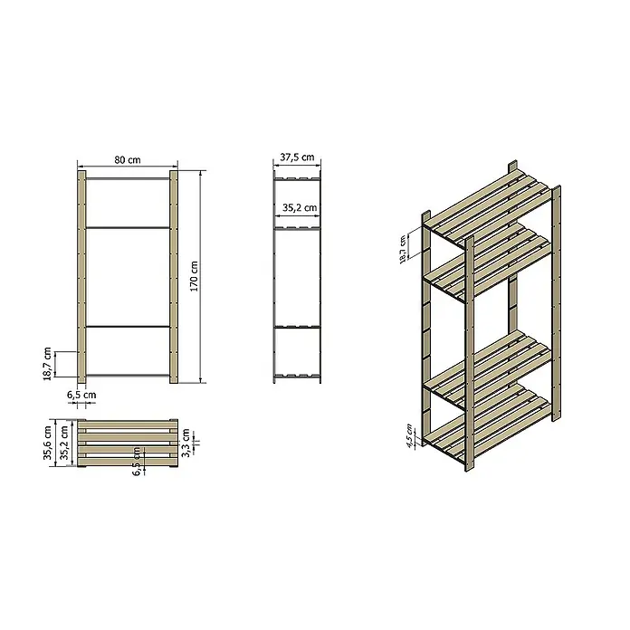 Proregal Holzregal PINEPEAK - H x B x T: 170 x 80 x 38 cm, Anzahl Böden: 5 Stk., Schrauben, Grau