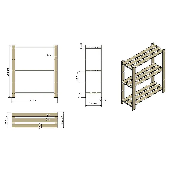 Proregal Holzregal PINEPEAK - Anzahl Böden: 3 Stk., Schrauben, Grau