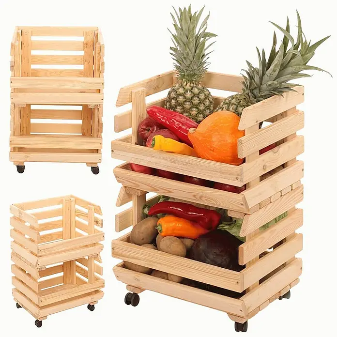 Proregal Holzregal Gemüseregal VeggieRoll mit Rollen - Anzahl Böden: 2 Stk., Schrauben, Natur