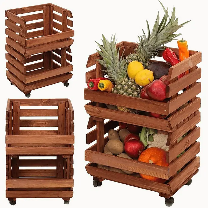 Proregal Holzregal Gemüseregal VeggieRoll mit Rollen - Anzahl Böden: 2 Stk., Schrauben, Braun