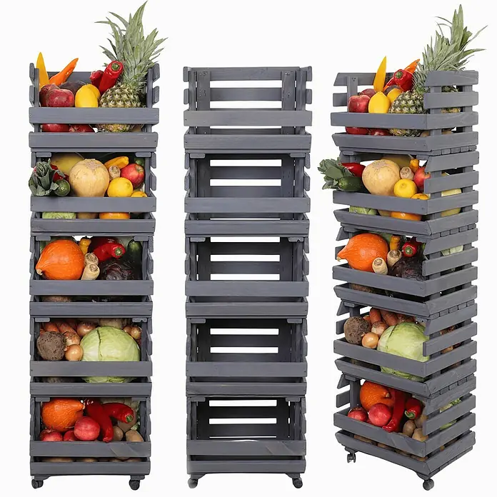 Proregal Holzregal Gemüseregal VeggieRoll mit Rollen - Anzahl Böden: 5 Stk., Schrauben, Grau
