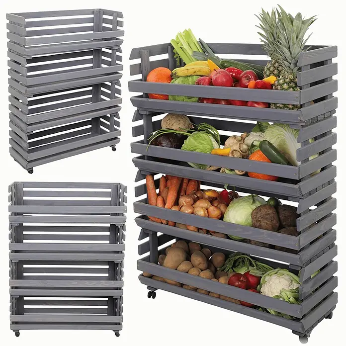 Proregal Holzregal Gemüseregal VeggieRoll mit Rollen - Anzahl Böden: 4 Stk., Schrauben, Grau