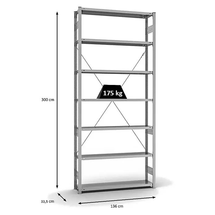 Proregal Metallregal MAGNUS Stecksystem - H x B x T: 300 x 130 x 30 cm, Traglast pro Boden: 175 kg, Anzahl Böden: 7 Stk., Stecken, Verzinkt
