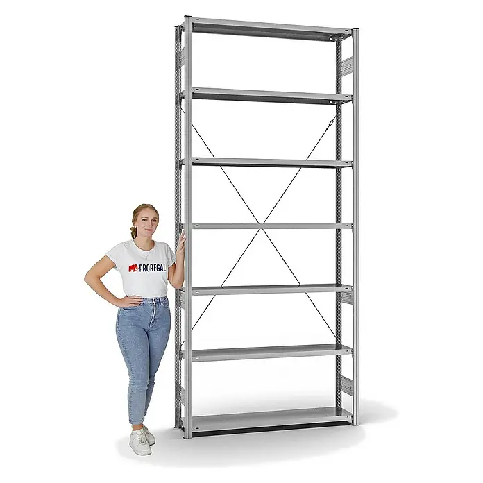 Proregal Metallregal MAGNUS Stecksystem - H x B x T: 300 x 130 x 30 cm, Traglast pro Boden: 175 kg, Anzahl Böden: 7 Stk., Stecken, Verzinkt