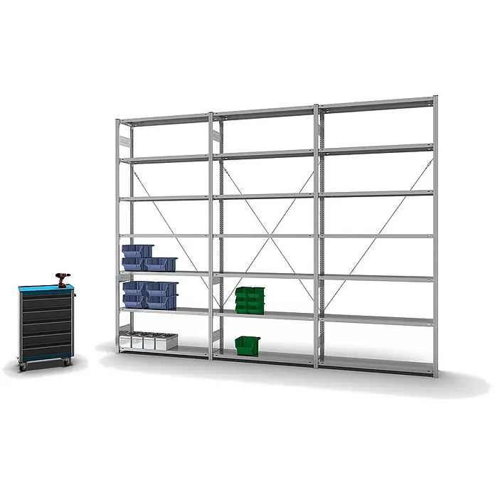 Proregal Metallregal MAGNUS Stecksystem - H x B x T: 300 x 130 x 30 cm, Traglast pro Boden: 175 kg, Anzahl Böden: 7 Stk., Stecken, Verzinkt