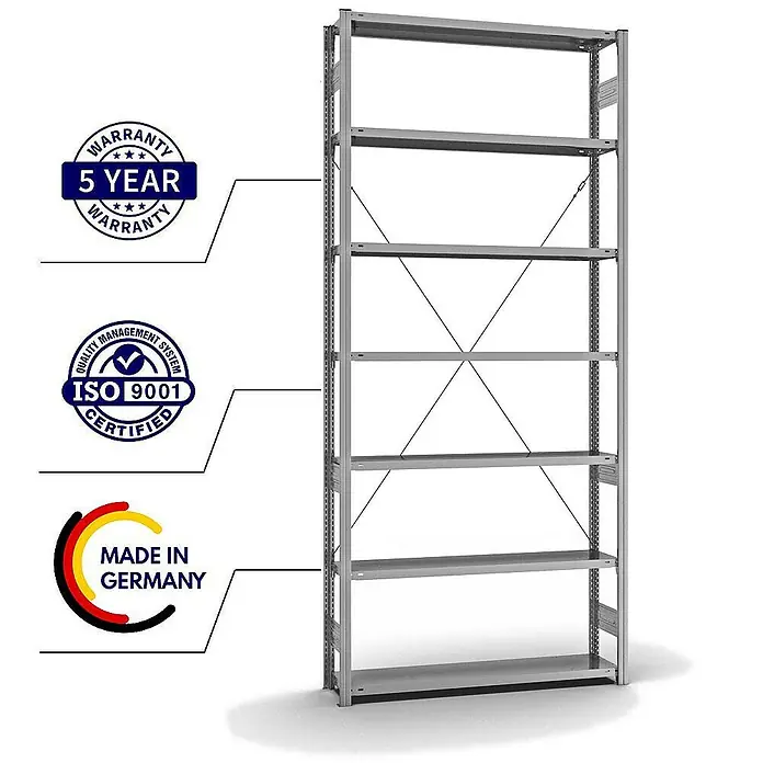 Proregal Metallregal MAGNUS Stecksystem - H x B x T: 300 x 130 x 30 cm, Traglast pro Boden: 175 kg, Anzahl Böden: 7 Stk., Stecken, Verzinkt