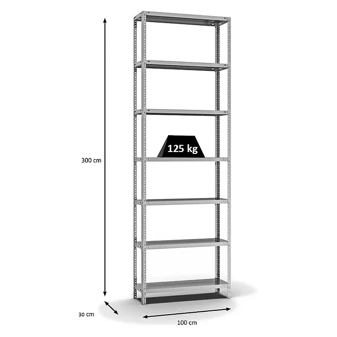 Proregal Metallregal MAGNUS Schraubsystem - H x B x T: 300 x 100 x 30 cm, Traglast pro Boden: 125 kg, Anzahl Böden: 7 Stk., Schrauben, Verzinkt