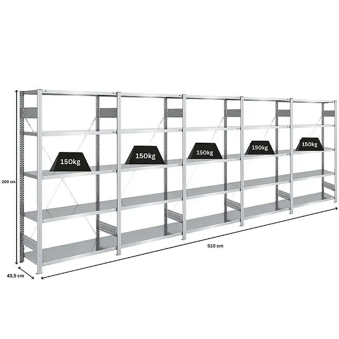 Proregal Metallregal SILVER MAMBA - H x B x T: 200 x 500 x 40 cm, Traglast pro Boden: 150 kg, Anzahl Böden: 5 Stk., Stecken, Verzinkt