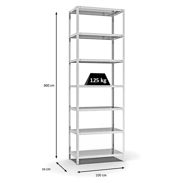Proregal Metallregal MAGNUS Schraubsystem - H x B x T: 300 x 100 x 50 cm, Traglast pro Boden: 125 kg, Anzahl Böden: 7 Stk., Schrauben, Lichtgrau