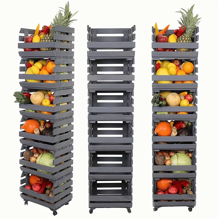 Proregal Holzregal Gemüseregal VeggieRoll mit Rollen - Anzahl Böden: 6 Stk., Schrauben, Grau