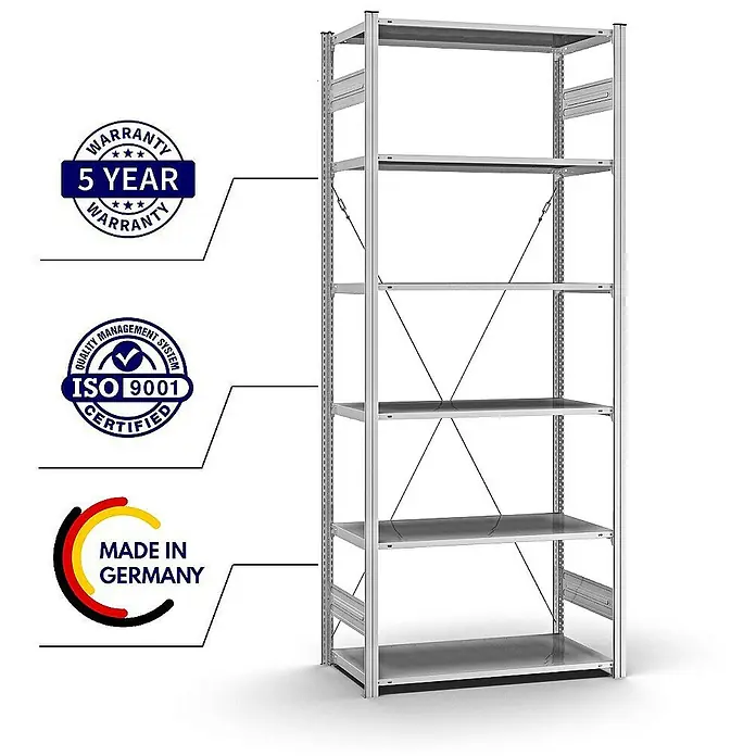 Proregal Metallregal MAGNUS Stecksystem - H x B x T: 250 x 100 x 50 cm, Traglast pro Boden: 125 kg, Anzahl Böden: 6 Stk., Stecken, Verzinkt