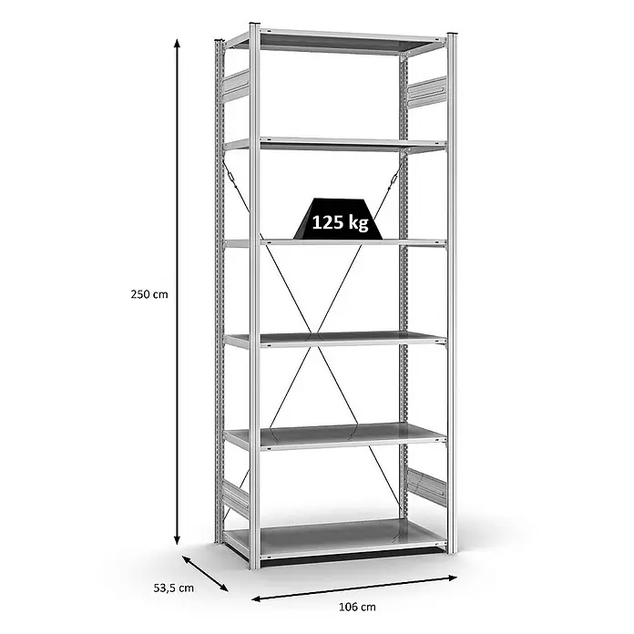 Proregal Metallregal MAGNUS Stecksystem - H x B x T: 250 x 100 x 50 cm, Traglast pro Boden: 125 kg, Anzahl Böden: 6 Stk., Stecken, Verzinkt