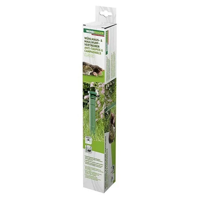 Windhager Tiervertreiber Classic Wühlmaus & Maulwurf - Wirkungsbereich: 650 m² - Verpackung des Windhager Wühlmaus- & Maulwurf-Vertreibers Classic, einem Gerät zur Schädlingsbekämpfung im Garten.