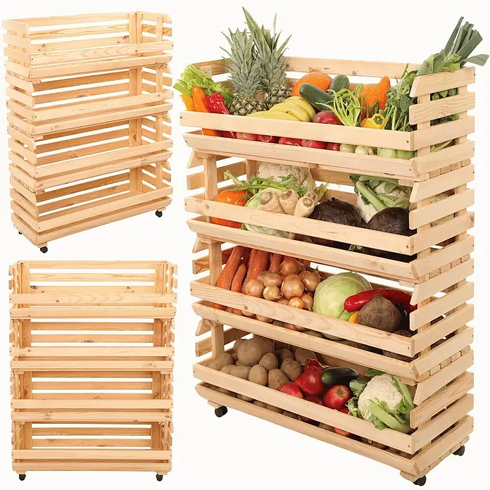 Proregal Holzregal Gemüseregal VeggieRoll mit Rollen - Anzahl Böden: 4 Stk., Schrauben, Natur