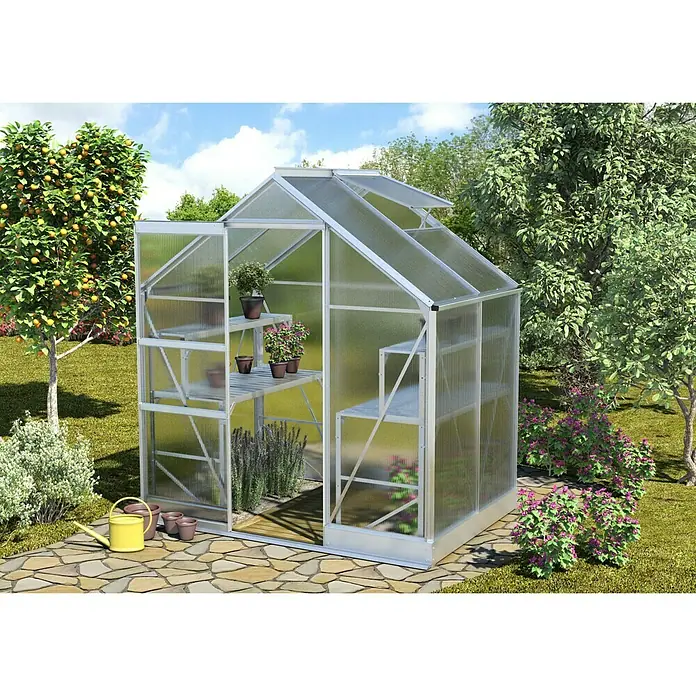 Vitavia Gewächshaus Apollo 2500 - Außenmaß inkl. Dachüberstand (B x T): 195 x 137 cm, 6 mm, Silbergrau - Ein Gewächshaus aus Aluminium mit Pflanzenregalen und einer gelben Gießkanne davor, umgeben von üppigem Grün.