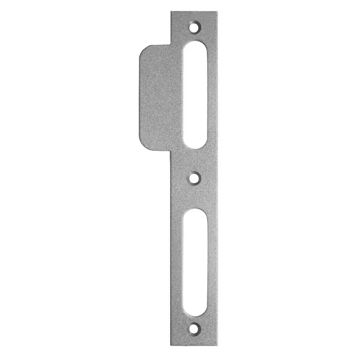 Stabilit Lappenschließblech - DIN-R, L x B: 170 x 24 mm, Zimmertür - Ein silberner Türschließblech mit drei länglichen Aussparungen und drei Befestigungslöchern.
