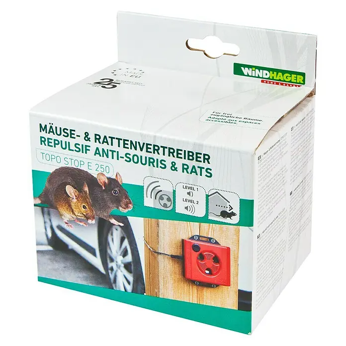 Windhager Ultraschall-Nagetiervertreiber Topo Stop E250 - Wirkungsbereich: 250 m² - Produktbild einer Mäuse- und Rattenvertreiber-Box von WINDHAGER. Wirkt mit Ultraschall, um Nagetiere fernzuhalten. Ideal für Haus und Garten.