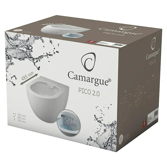 Camargue Pico Wand-WC 2.0 - Spülrandlos, Ohne Spezialglasur, Spülform: Tief, WC Abgang: Waagerecht, Weiß - Kartonverpackung einer Camargue PICO 2.0 Wandtoilette mit "Easy Clean"-Technologie und Maßangaben für einfache Installation.