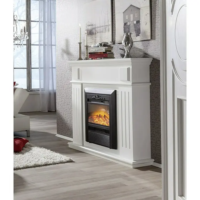 Elektrischer Kamin - Weiß/Schwarz, L x B x H: 26 x 109 x 100 cm - Dekorative weiße Kaminumrandung mit integriertem elektrischen Kamineinsatz, die Wärme und Atmosphäre in den Raum bringt.